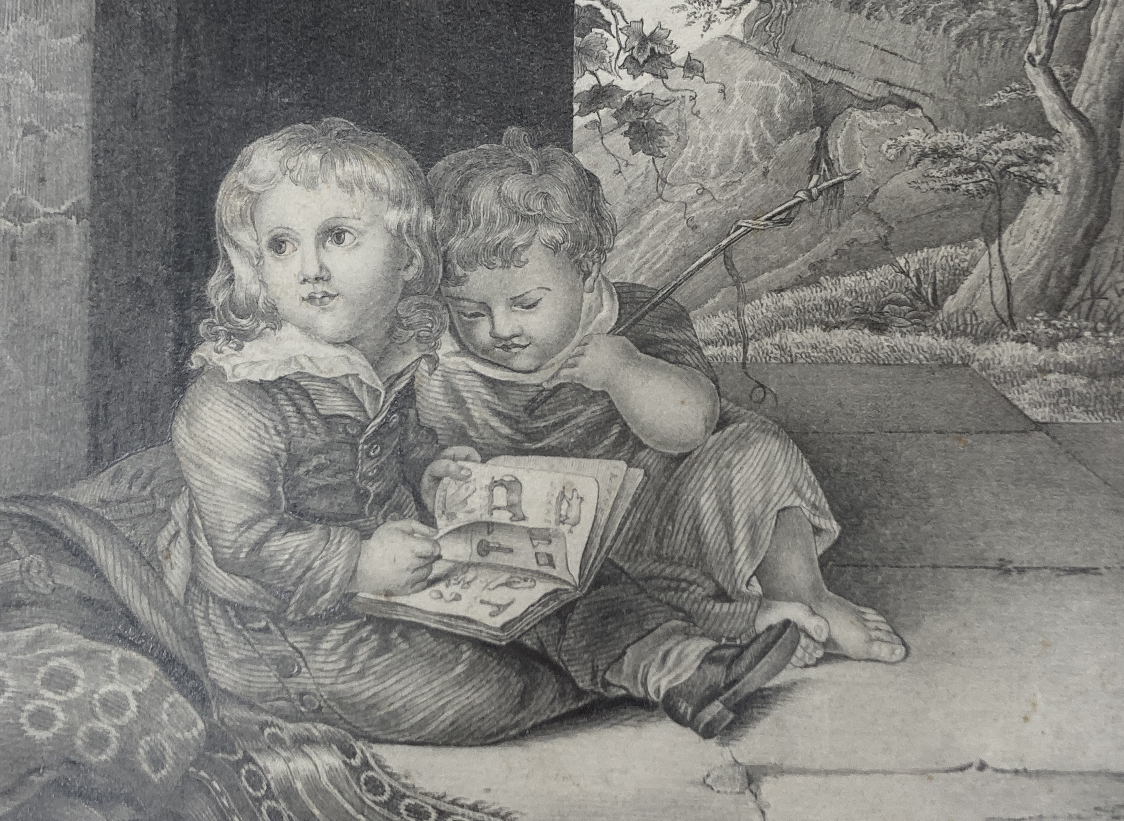 19th century English School, pencil drawing, Study of two children reading a picture book, inscribed verso and dated 1849, 12 x 16cm, unframed